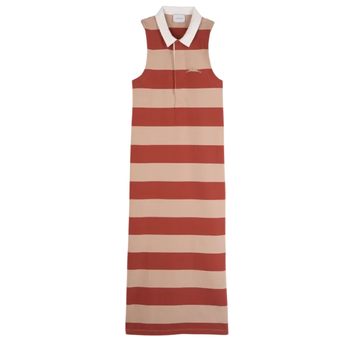 Cream/Coral – Striped jersey Polo dress